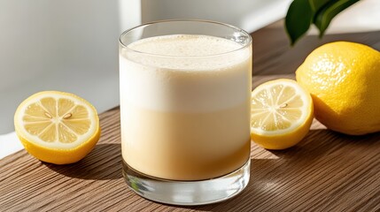 Refreshing Glass of Lemonade with Fresh Lemon on Wooden Table Setting