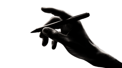 Dramatic monochrome image highlighting a hand holding a pen against black background