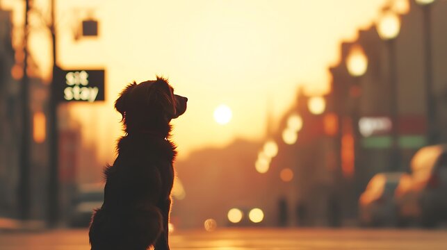 Golden Hour Dog Waiting in City, Sit Stay Sign