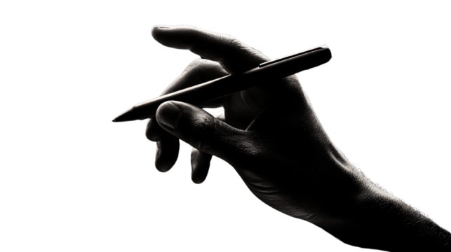Dramatic monochrome image highlighting a hand holding a pen against black background
