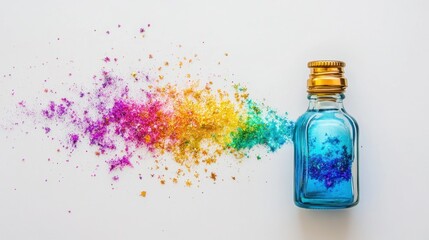 A small blue glass bottle with a gold cap spills vibrant rainbow-colored glitter onto a white background