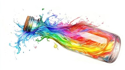 A glass bottle with a cork stopper expels a vibrant, rainbow-colored liquid in a dynamic splash