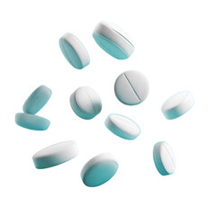 Floating white pills against black background showcasing medicine and healthcare
