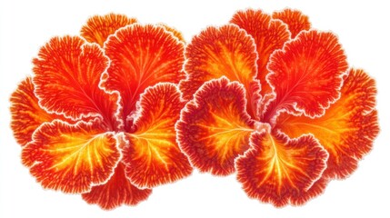 Two vibrant, orange-red flowers with intricately ruffled, flame-like petals, isolated on white