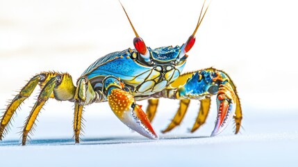 Vibrant blue and orange crab with long legs and prominent red eyes, posed against a stark white background