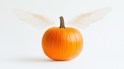 A vibrant orange pumpkin with attached, translucent wings against a white background