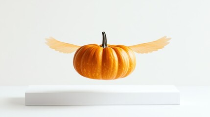 A vibrant orange pumpkin with delicate, translucent wings hovers above a minimalist white platform against a clean white backdrop