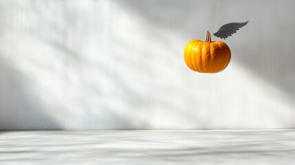 A small orange pumpkin with a black feather wing levitates against a bright, minimalist white background, cast in sunlight