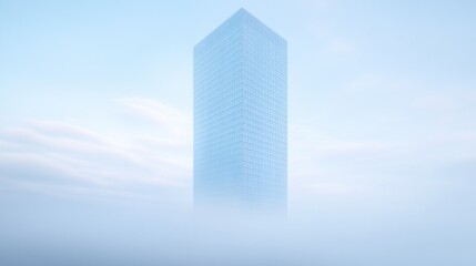 A tall, light-blue skyscraper emerges from a thick, ethereal fog under a pale sky