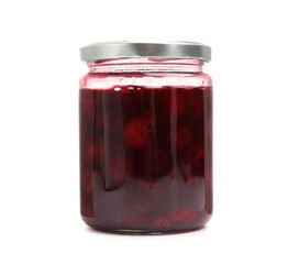 Tasty cherry jam in jar isolated on white