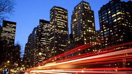 Fototapeta premium Illuminated skyscrapers at night with trails of car lights.