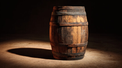 Naklejka premium A weathered wooden barrel in a dimly lit setting, creating a vintage feel.