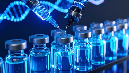 Advanced robotic injector inserting mRNA into glowing vaccine samples, neon blue liquids in dark macro sci-fi lab environment.
