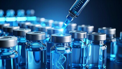 Advanced robotic injector inserting mRNA into glowing vaccine samples, neon blue liquids in dark macro sci-fi lab environment.