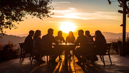 Silhouette of people dining outdoors at sunset