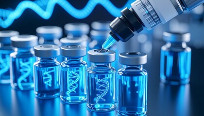 Advanced robotic injector inserting mRNA into glowing vaccine samples, neon blue liquids in dark macro sci-fi lab environment.