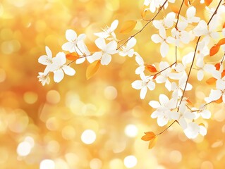 Obraz premium Stunning White Blossoms on Branch, Golden Bokeh Background