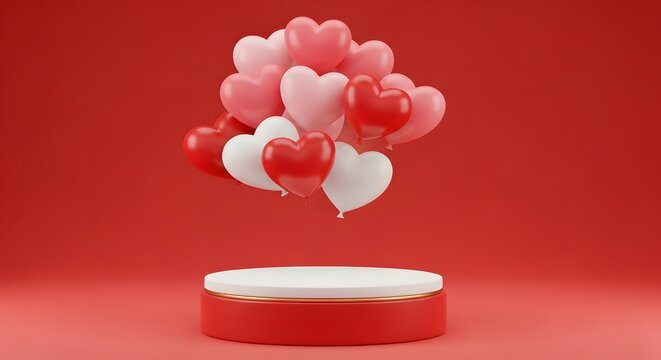 Red and White Heart Balloons on Red Background - Powered by Adobe