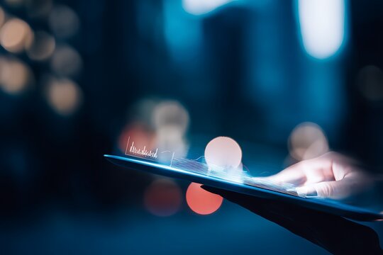 Person interacts with a tablet displaying data visualizations in a city night scene.