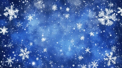 Fototapeta premium A digitally rendered image of a dark-blue winter sky filled with numerous snowflakes of varying sizes, creating a dreamy, ethereal atmosphere