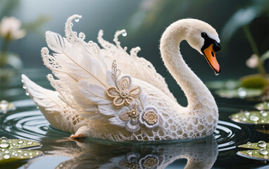 Obraz premium beautiful white swan sculpted from fine French Chantilly lace swimming in a pond