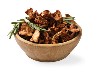 Dried chanterelle mushrooms and rosemary in bowl isolated on white