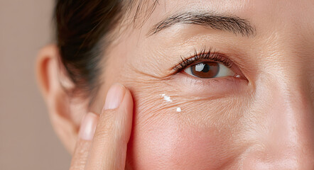 Asian woman applying white eye cream under eyes with finger. Skincare beauty routine eye care anti aging treatment moisturizing cosmetic dermatology wellness
