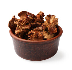 Dried chanterelle mushrooms in bowl isolated on white