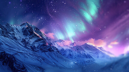 Fototapeta premium Aurora Borealis Over Snowy Mountains at Night