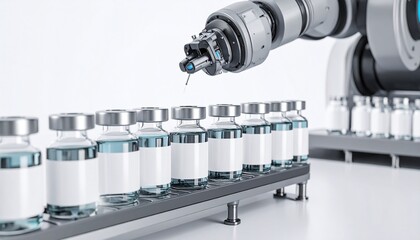 Robotic machine applying labels on vaccine vials using barcode scanner arm, white background, sterile layout, angled industrial view.