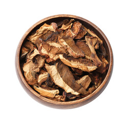 Pieces of dried mushrooms in bowl isolated on white, top view