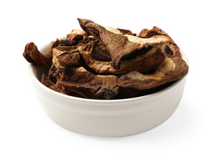 Pieces of dried mushrooms in bowl isolated on white