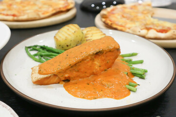 grilled salmon,salmon steak or fish steak and salad