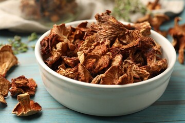 Dried chanterelle mushrooms on blue wooden table, closeup