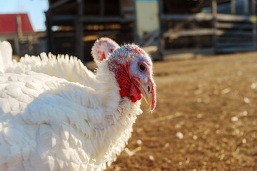 Turkeys roaming in a snowy barnyard during the afternoon light on a chilly autumn day