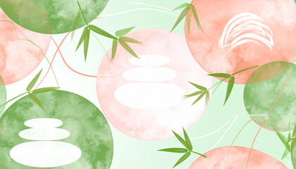 Soft abstract Zen composition with flowing lines, bamboo, Enso circle, and river stones on gradient background
