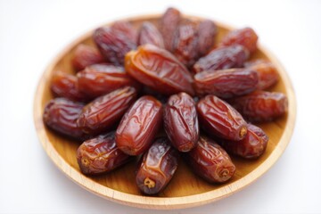 A Plentiful Arrangement of Fresh Dates on a Wooden Plate, Showcasing Their Rich Texture and Natural Sweetness Perfect for Healthy Snacking