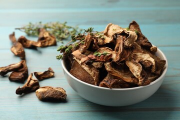 Dried chanterelle mushrooms with thyme on blue wooden table, closeup