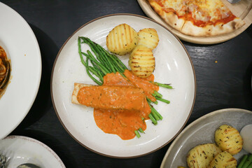 grilled salmon,salmon steak or fish steak and salad