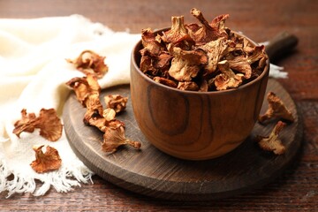 Dried chanterelle mushrooms on wooden table, closeup