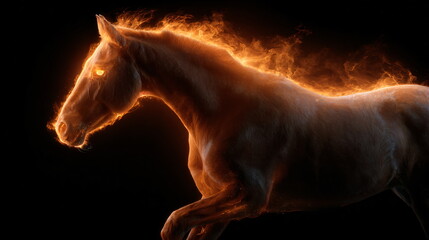 Fototapeta premium A powerful horse with glowing eyes and body surrounded by orange fire. Fiery equine power. Digital art for fantasy or mythical themes.