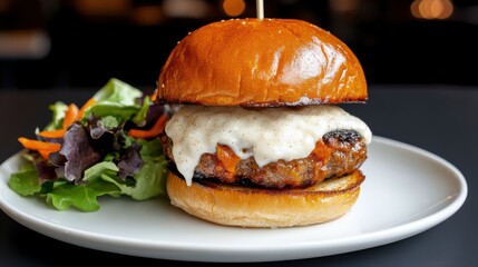 Delicious Juicy Burger with Melted Cheese Served on a Plate in Style