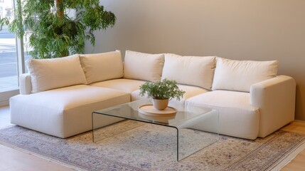 Modern Minimalist Living Room with Cozy Sofa and Glass Coffee Table Surrounded by Greenery