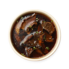 Tasty soup with mushrooms and thyme in bowl isolated on white, top view
