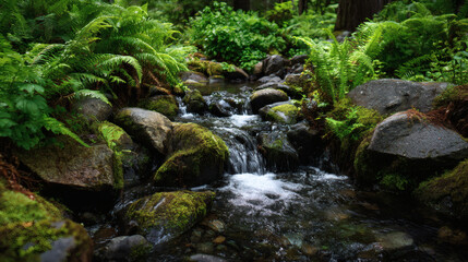 Obraz premium A flowing stream cascades through a vibrant forest, creating a serene and tranquil scene.