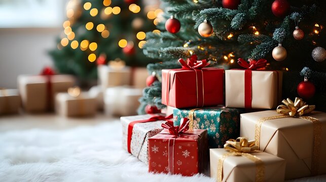 Cozy, festive scene featuring beautifully wrapped presents in red and gold beneath a decorated Christmas tree adorned with lights and ornaments - Powered by Adobe