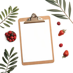 Blank Recipe Clipboard with Berries and Greenery isolated on transparent background