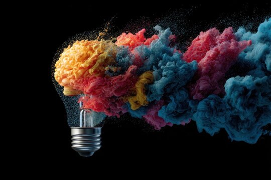 Lightbulb Exploding. Creative Brain Bursting with Colors, Inspired by Innovation and Imagination