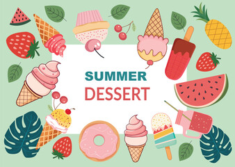 Summertime Banner  of ice creams, fruits