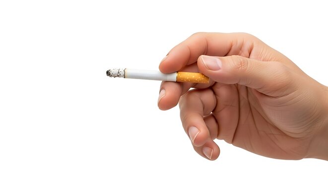 Close-up of a hand holding a partially smoked cigarette, isolated on white background;  a stark image depicting addiction and unhealthy habits.
 - Powered by Adobe